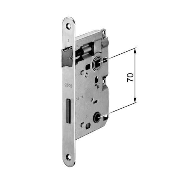 AGB -  Serratura PATENT PICCOLA bordo tondo con scrocco e catenaccio per wc - col. BRONZATO VERNICIATO - entrata 50 - frontale 20 X 188 - interasse 70