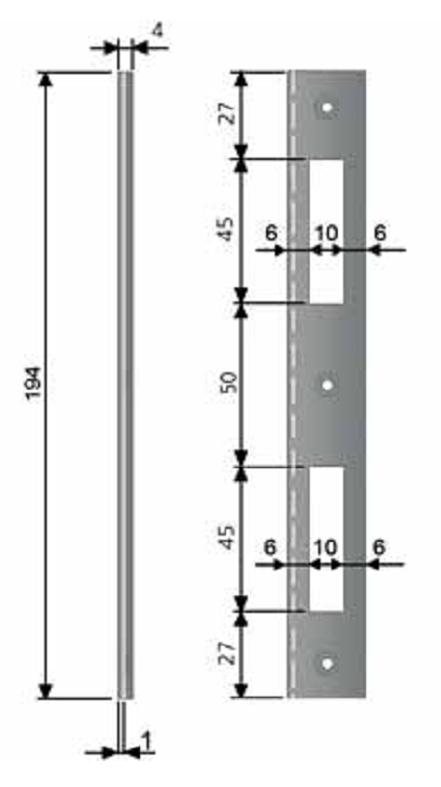 AGB -  Incontro PATENT PICCOLA bordo quadro per patent - col. NICHELATO LUCIDO - frontale l 22 - frontale h 194 - foro scrocco 10 - foro catenaccio 10 - spessore 4