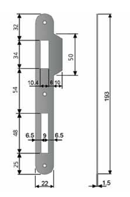 AGB -  Incontro PATENT GRANDE MOD 590 bordo tondo con alette per patent - col. CROMATO OPACO - frontale l 22 - frontale h 193 - foro scrocco 10 - foro catenaccio 9 - spessore 1,5