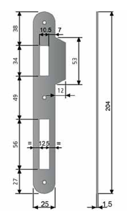 AGB -  Incontro SICUREZZA bordo tondo con alette per patent - col. BRONZATO VERNICIATO - frontale l 25 - frontale h 204 - foro scrocco 10,5 - foro catenaccio 12,5 - spessore 1,5