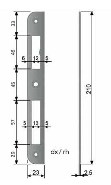 AGB -  Incontro PATENT GRANDE MOD 590 bordo stondato per patent - col. CROMATO OPACO - frontale l 23 - frontale h 210 - foro scrocco 12 - foro catenaccio 13 - spessore 2,5