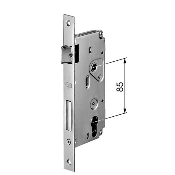 AGB -  Serratura SICUREZZA bordo quadro con scrocco e con catenaccio foro yale per cilindro - col. OTTONATO VERNICIATO - entrata 50 - frontale 22 X 238 - interasse 85