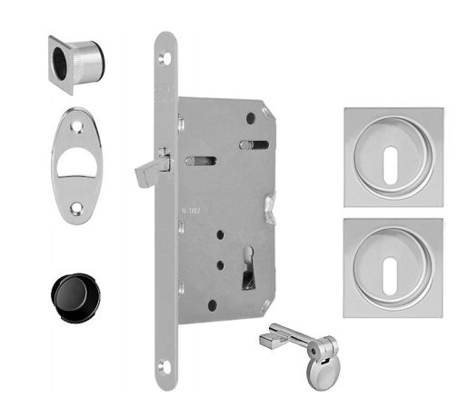 AGB -  Maniglia Da Incasso SCIVOLA TRE KIT M quadra con serratura e50 foro patent e maniglietta di trascinamento - mat. ACCIAIO - col. CROMATO OPACO - entrata 50