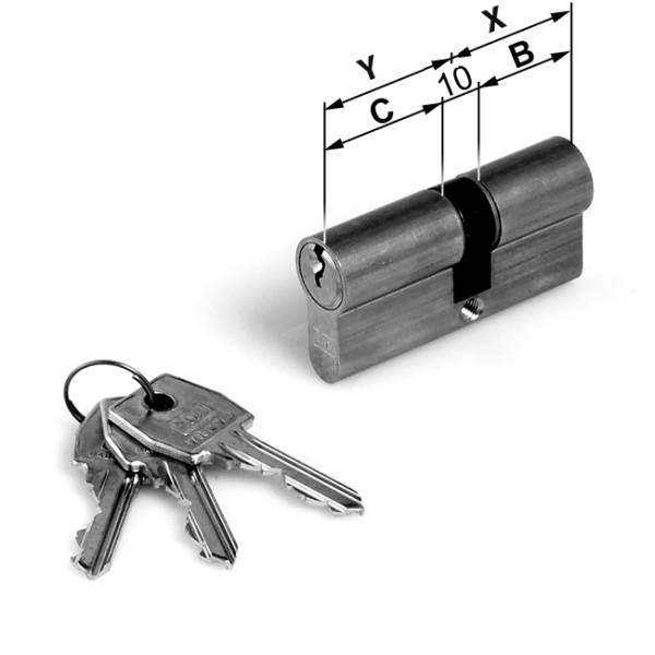 AGB -  Cilindro MOD. 600 con chiave e chiave mk - a chiave maestra - col. NICHELATO OPACO - lunghezza 70 - misura 25-10-35