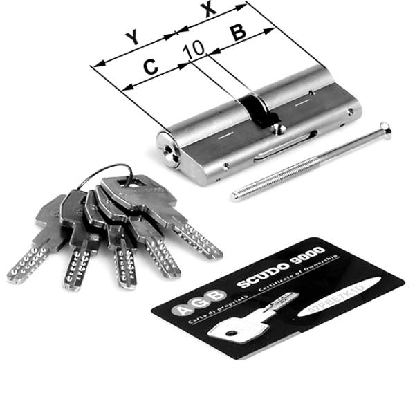 AGB -  Cilindro SCUDO 9000 con chiave e chiave ka - a chiave uguale - col. NICHELATO OPACO - lunghezza 75 - misura 35 - 10 - 30