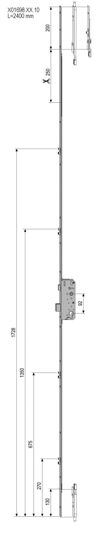 AGB -  Serratura Multipunto SICURTOP meccanica con scrocco catenaccio e nottolini - entrata 45 - h min - max 2400 - frontale 16 - interasse 92