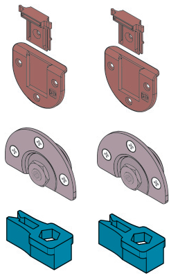 KOBLENZ -  Kit SYSTEM 0105 accessori sistema scorrevole per ante - a: ART. 0100/13 PATTINO SUPERIORE PZ. 2 - b: ART. 0105/2 CARRELLO INFERIORE CON CUSCINETTI A SFERE PZ. 2 - c: ART. 0100/10 FRENO D’ARRESTO PZ. 2