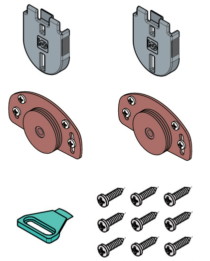 KOBLENZ -  Kit SYSTEM 0320 accessori sistema scorrevole per ante - a: ART. 0320/5 PATTINO SUPERIORE PZ. 2 - b: ART. 0320/11 CARRELLO INFERIORE CON CUSCINETTI A SFERE PZ. 2 - c: ART. 0320/7 FRENO D’ARRESTO PZ. 1 - d: SET VITI FISSAGGIO PATTINI E CARRELLO