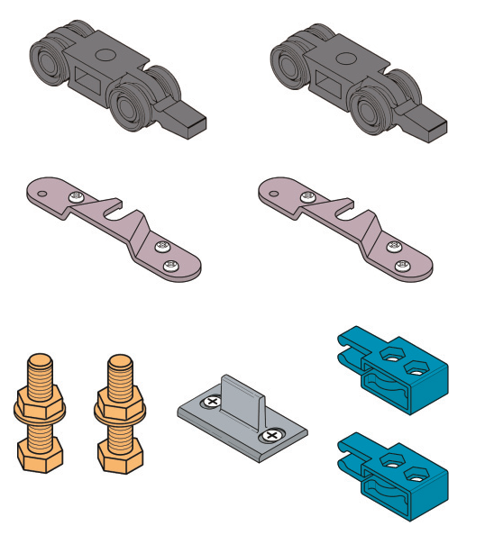 KOBLENZ -  Kit SYSTEM 0400 accessori sistema scorrevole per porte - a: ART. 0400/54 CARRELLO DI SCORRIMENTO PZ. 2 - b: ART. 0400/53 STAFFA ANCORAGGIO PORTA PZ. 2 - c: ART. 0400/51 VITE SUPPORTO CARRELLO PZ. 2 - d: ART. 0810/80X800 GUIDA INFERIORE PZ. 1 - 