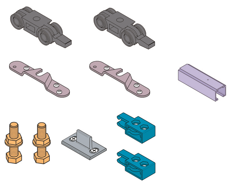 KOBLENZ -  Kit SYSTEM 0400 accessori sistema scorrevole per porte - a: ART. 0400/54 CARRELLO DI SCORRIMENTO PZ. 2 - b: ART. 0400/53 STAFFA ANCORAGGIO PORTA PZ. 2 - c: ART. 0400/51 VITE SUPPORTO CARRELLO PZ. 2 - d: ART. 0810/80X800 GUIDA INFERIORE PZ. 1 - 