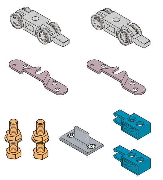 KOBLENZ -  Kit SYSTEM 0400 accessori sistema scorrevole per porte - a: ART. 0400/55 CARRELLO DI SCORRIMENTO PZ. 2 - b: ART. 0400/53 STAFFA ANCORAGGIO PORTA PZ. 2 - c: ART. 0400/51 VITE SUPPORTO CARRELLO PZ. 2 - d: ART. 0810/80X800 GUIDA INFERIORE PZ. 1 - 