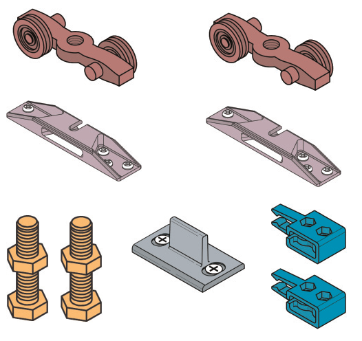 KOBLENZ -  Kit SYSTEM 0500 accessori sistema scorrevole per porte con carrello con cuscinetti a sfere - a: ART. 0500/51 CARRELLO DI SCORRIMENTO PZ. 2 - b: ART. 0500/55 STAFFA IN ZAMA ANCORAGGIO PORTA PZ. 2 - c: ART. 0500/54 VITE SUPPORTO CARRELLO PZ. 2 - 