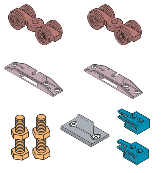 KOBLENZ -  Kit SYSTEM 0500 accessori sistema scorrevole per porte con carrello con cuscinetti a sfere - a: ART. 0500/52 CARRELLO DI SCORRIMENTO PZ. 2 - b: ART. 0500/55 STAFFA IN ZAMA ANCORAGGIO PORTA PZ. 2 - c: ART. 0500/54 VITE SUPPORTO CARRELLO PZ. 2 - 