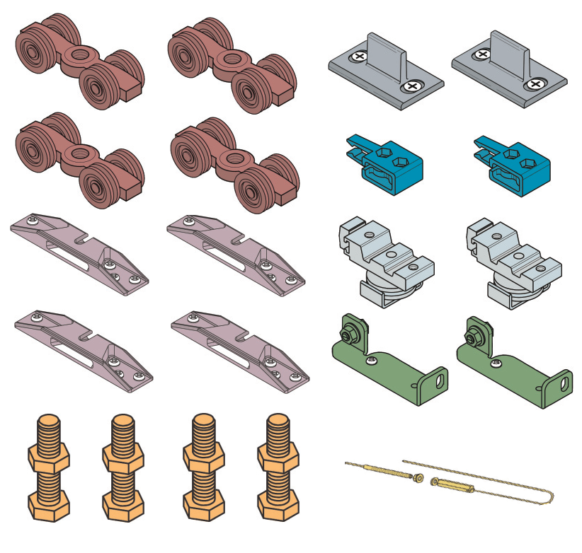 KOBLENZ -  Kit SYSTEM 0550 80-120 kg accessori sistema scorrevole per due ante con apertura simultanea - a: ART. 0500/52 CARRELLO DI SCORRIMENTO PZ. 4 - b: ART. 0500/55 STAFFA IN ZAMA ANCORAGGIO PORTA PZ. 4 - c: ART. 0500/54 VITE CARRELLO PZ. 4 ; ART. 081