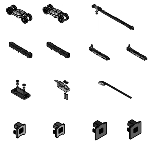 KOBLENZ -  Kit SYSTEM 0600 abs 80 kg accessori sistema scorrevole per porte a filo del binario - a: CARRELLO DI SCORRIMENTO 80/120KG PZ.1 - b: CARRELLO DI SCORRIMENTO 80KG CON ABS PZ.1 - c: PROFILO ANCORAGGIO PORTA PZ.2 - PROFILO ANCORAGGIO CARRELLO PZ.2 