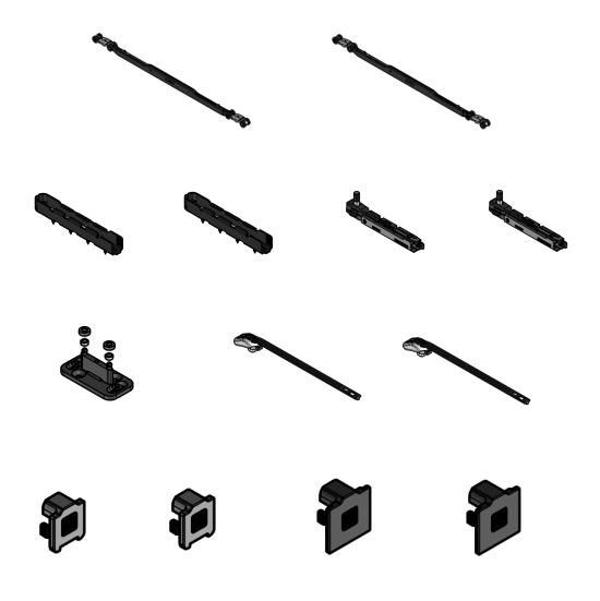 KOBLENZ -  Kit SYSTEM 0600 abs doppio accessori sistema scorrevole per porte a filo del binario - a: CARRELLO DI SCORRIMENTO DOPPIO CON ABS PZ.1 - b: PROFILO ANCORAGGIO PORTA PZ.2 - PROFILO ANCORAGGIO CARRELLO PZ.2 - c: GUIDA INFERIORE REGOLABILE PZ.1 - d