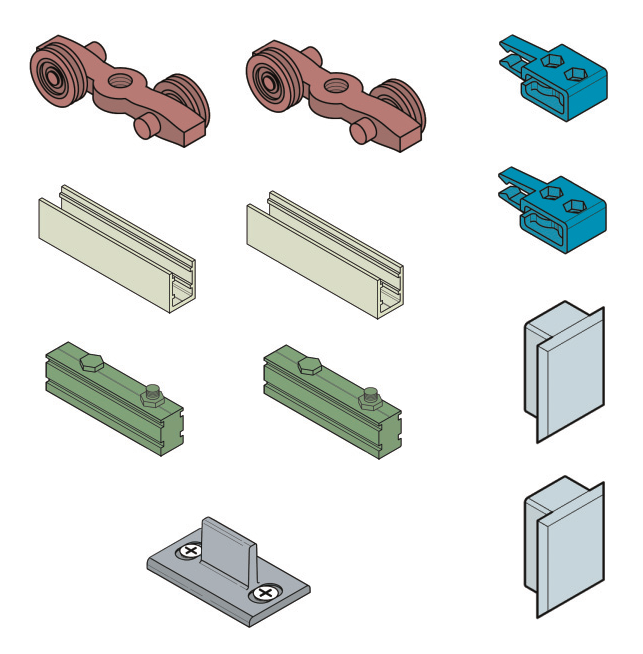 KOBLENZ -  Kit SYSTEM 0600 50 kg accessori sistema scorrevole per porte a filo del binario - a: ART. 0500/51 CARRELLO DI SCORRIMENTO PZ. 2 - b: ART. 0600/51 PROFILO ANCORAGGIO PORTA PZ. 2 - c: ART. 0600/52 PROFILO ANCORAGGIO CARRELLO PZ. 2 - d: ART. 0810/