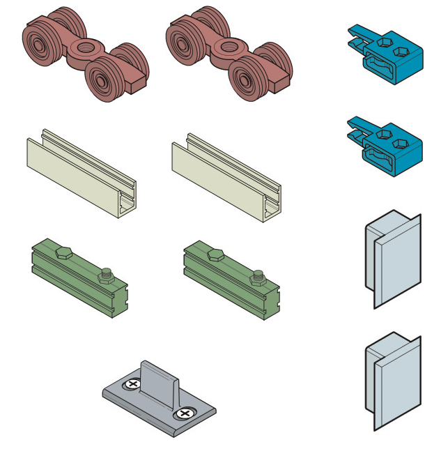 KOBLENZ -  Kit SYSTEM 0600 80-120 kg accessori sistema scorrevole per porte a filo del binario - a: ART. 0500/52 CARRELLO DI SCORRIMENTO PZ. 2 - b: ART. 0600/51 PROFILO ANCORAGGIO PORTA PZ. 2 - c: ART. 0600/52 PROFILO ANCORAGGIO CARRELLO PZ. 2 - d: ART. 0