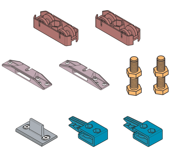 KOBLENZ -  Kit SYSTEM 0800 accessori sistema scorrevole per ante - a: ART. 0800/51 CARRELLO DI SCORRIMENTO PZ. 2 - b: ART. 0500/55 STAFFA IN ZAMA ANCORAGGIO PORTA PZ. 2 - c: ART. 0500/54 VITE SUPPORTO CARRELLO PZ. 2 - d: ART. 0810/80X800 GUIDA INFERIORE P