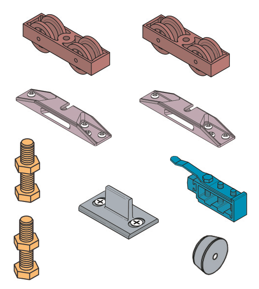 KOBLENZ -  Kit SYSTEM 0810 accessori sistema scorrevole per porte - a: ART. 0810/53 CARRELLO DI SCORRIMENTO PZ. 2 - b: ART. 0500/55 STAFFA IN ZAMA ANCORAGGIO PORTA PZ. 2 - c: ART. 0810/51 VITE SUPPORTO CARRELLO PZ. 2 - d: ART. 0810/80X800 GUIDA INFERIORE 