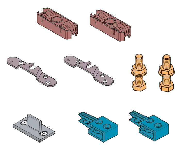 KOBLENZ -  Kit SYSTEM 0830 accessori sistema scorrevole per ante - a: ART. 0830/53 CARRELLO DI SCORRIMENTO PZ. 2 - b: ART. 0830/52 STAFFA ANCORAGGIO PORTA PZ. 2 - c: ART. 0830/51 VITE SUPPORTO CARRELLO PZ. 2 - d: ART. 0810/80X800 GUIDA INFERIORE PZ. 1 - e