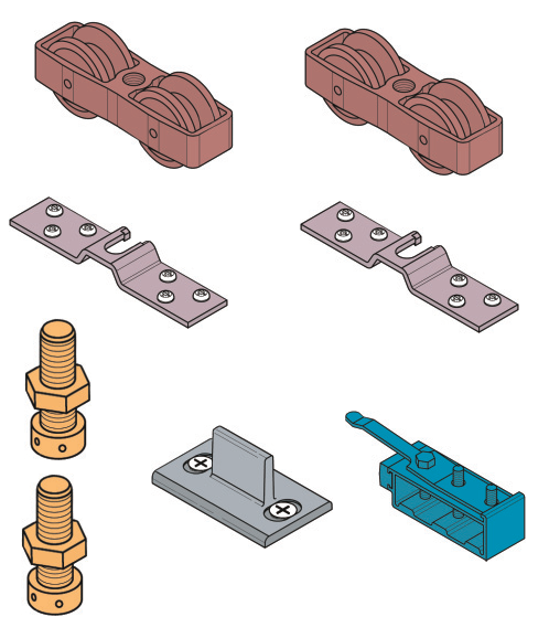 KOBLENZ -  Kit SYSTEM 0850 accessori sistema scorrevole per porte - a: ART. 0850/53 CARRELLO DI SCORRIMENTO PZ. 2 - b: ART. 0850/52 STAFFA ANCORAGGIO PORTA PZ. 2 - c: ART. 0850/51 VITE SUPPORTO CARRELLO PZ. 2 - d: ART. 0810/80X800 GUIDA INFERIORE PZ. 1 - 