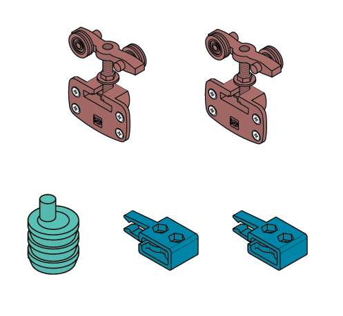 KOBLENZ -  Kit SYSTEM 1050 1 anta 50 kg accessori sistema scorrevole per ante registrabili - a: ART. 1040/51 CARRELLO SUPERIORE PORTATA 50 KG PZ. 2 - b: ART. 1010/13 ECCENTRICO INFERIORE REGISTRABILE PZ. 1 - c: ART. 0500/12 FRENO D’ARRESTO PZ. 2