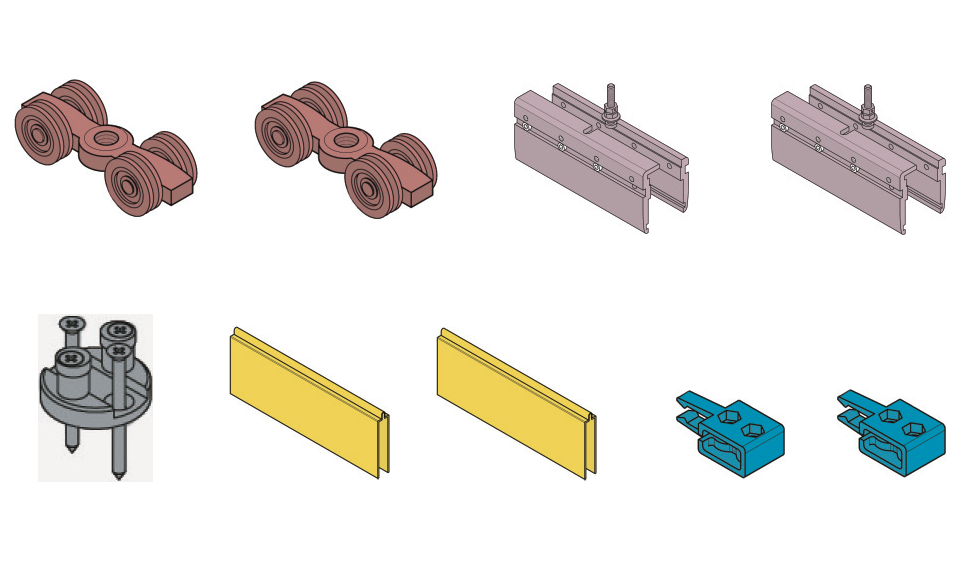 KOBLENZ -  Kit SYSTEM 1700 1 anta 80-120 kg accessori sistema scorrevole per porte in vetro - a: ART. 0500/52 CARRELLO DI SCORRIMENTO PZ. 2 - b: ART. 1700/51 PINZA ANCORAGGIO VETRO PZ. 2 - c: ART. 7550/12 CP GUIDA INFERIORE PZ. 1 - d: ART. 1700/52 GUARNIZ