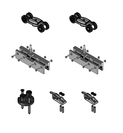 KOBLENZ -  Kit SYSTEM 1760 1 anta 80-120 kg accessori sistema scorrevole per porte in vetro - a: CARRELLO DI SCORRIMENTO 80/120KG PZ.2 - b: PINZA ANCORAGGIO VETRO PZ.2 - c: GUIDA INFERIORE PZ.1 - d: FRENO D’ARRESTO PZ.2