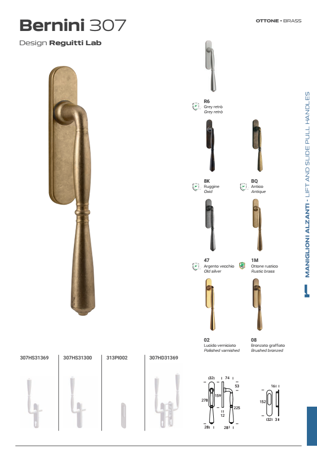 REGUITTI -  Maniglione Alzante BERNINI scorrevole hs singolo con placca cieca - mat. OTTONE - col. 8K OTTONE RUGGINE (ANTIGERM®)