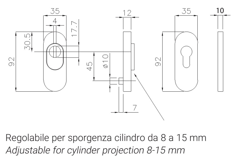 REGUITTI -  Defender ART. CD006 ovale con borchia interna - mat. OTTONE - col. 15 OTTONE SATINATO CROMATO - note PORTA 74(60*)/80 - dimensioni 92 X 35