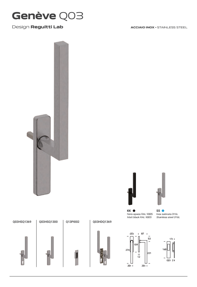 REGUITTI -  Maniglione Alzante GENEVE scorrevole hs singolo con placca foro yale - mat. INOX AISI 304 - col. INOX SATINATO