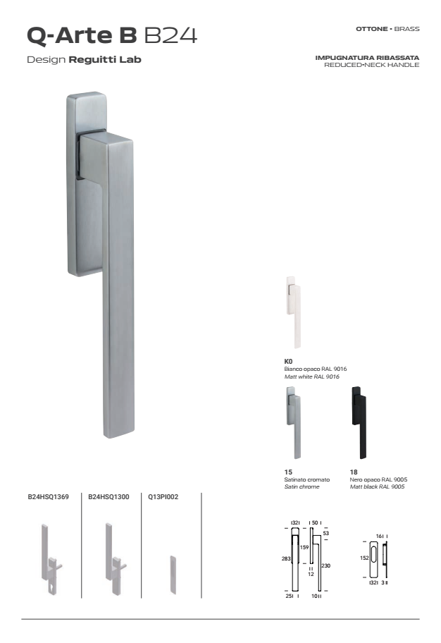 REGUITTI -  Maniglione Alzante Q-ARTE B scorrevole hs singolo con placca cieca - mat. OTTONE - col. 15 OTTONE SATINATO CROMATO