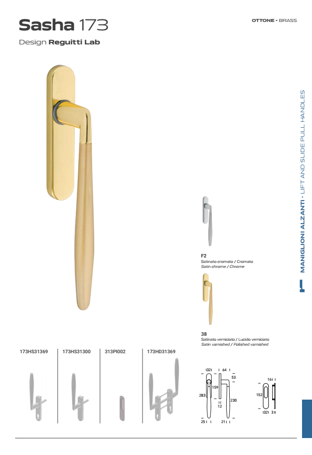 REGUITTI -  Maniglione Alzante SASHA scorrevole hs singolo con placca cieca - mat. OTTONE - col. 38 OTTONE SATINATO VER./ OTTONE LUCIDO VER.