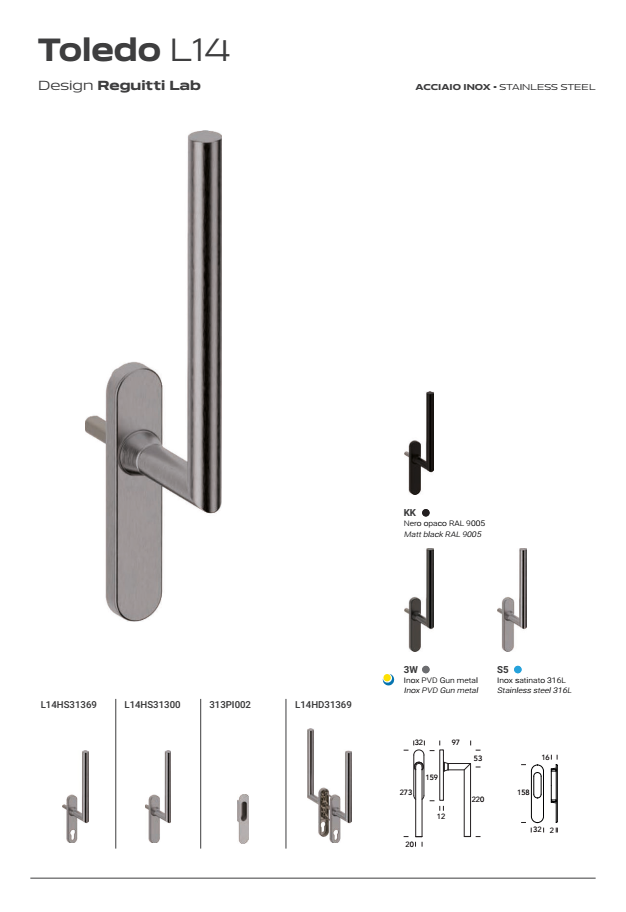 REGUITTI -  Maniglione Alzante TOLEDO scorrevole hs accoppiato con placca foro yale - mat. INOX AISI 316L - col. INOX SATINATO