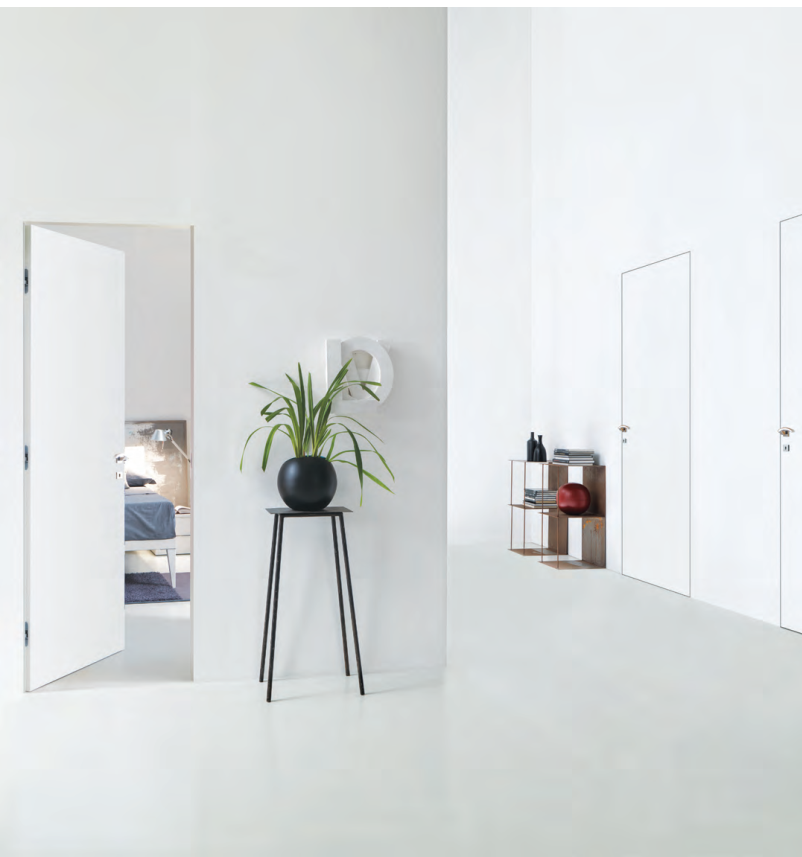 CB DOORS -  Porta OPEN WALL a battente filo muro con cerniere a scomparsa regolabili solo pannello in mdf con primer verniciabile - col. BIANCO - l x h x sp 700 X 2100 X 43 - mano DX SPINGERE - SX TIRARE - note REVERSIBILE A SPINGERE E TIRARE