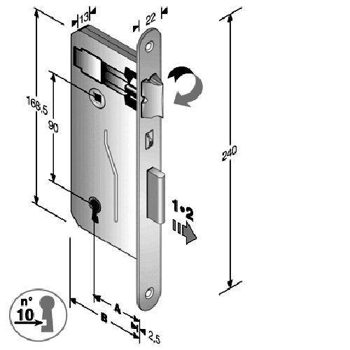 BONAITI -  Serratura GRANDE patent bordo tondo con scrocco catenaccio e con chiave - col. CROMATO SATINATO - entrata 50 - frontale 22 X 240 - interasse 90