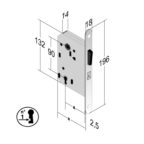 BONAITI -  Serratura B-TWIN magnetica bordo tondo con scrocco catenaccio e con chiave - col. CROMATO SATINATO - entrata 50 - frontale 18 X 196 - interasse 90