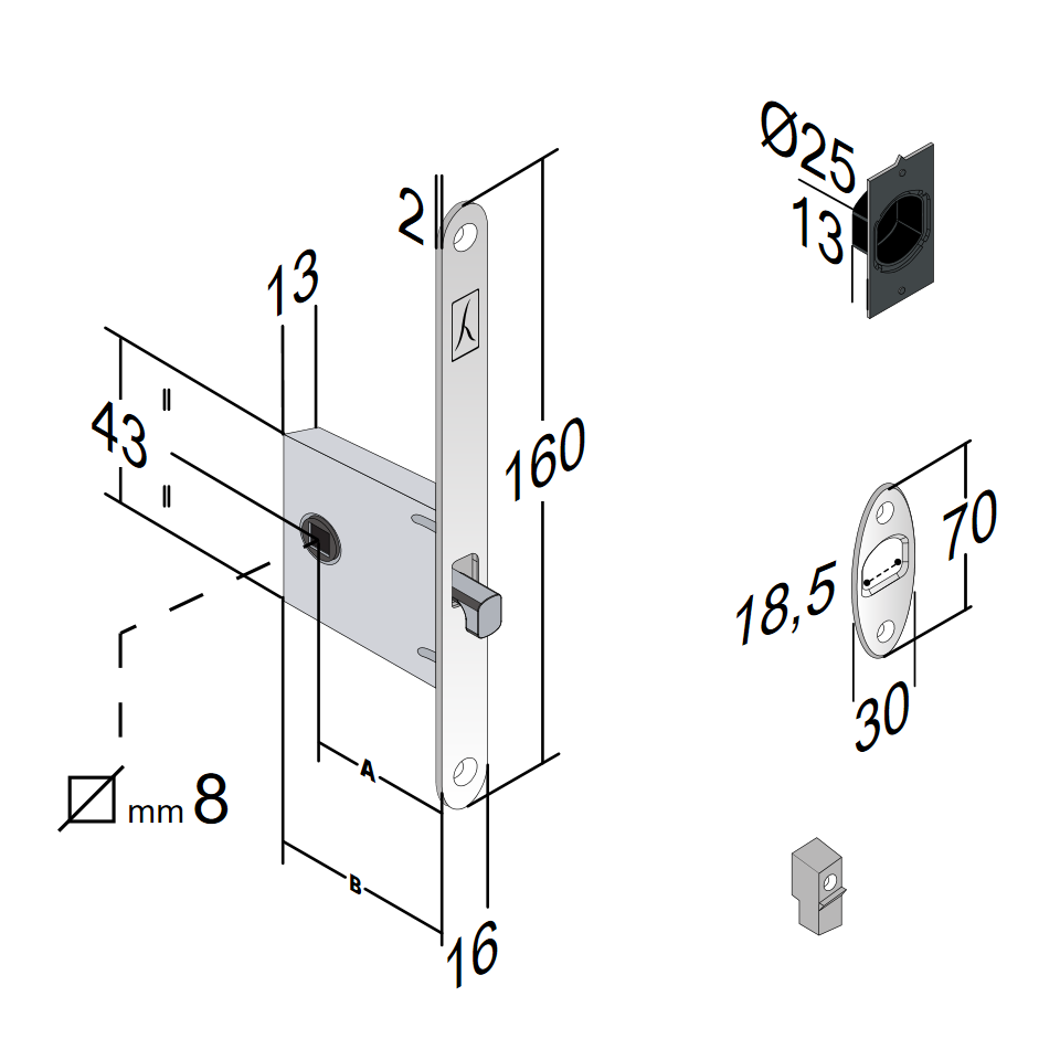 BONAITI -  Serratura G500 per porta scorrevole bordo tondo con catenaccio a gancio per wc - col. OTTONE  CROMATO SATINATO - entrata 50 - frontale 16 X 160