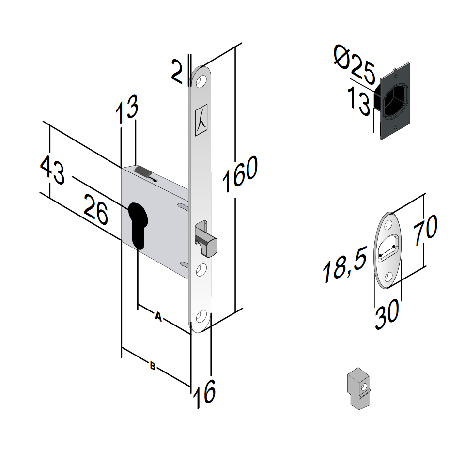 BONAITI -  Serratura G500 per porta scorrevole bordo tondo con catenaccio foro yale per cilindro - col. CROMATO SATINATO - entrata 50 - frontale 16 X 160