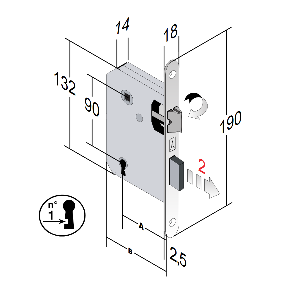 BONAITI -  Serratura TWIN patent bordo tondo con scrocco catenaccio e con chiave - col. CROMATO OPACO - entrata 50 - frontale 18 X 190 - interasse 90