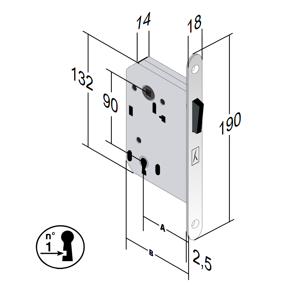 BONAITI -  Serratura B-TWIN magnetica bordo tondo con scrocco catenaccio e con chiave - col. CROMATO SATINATO - entrata 50 - frontale 18 X 190 - interasse 90