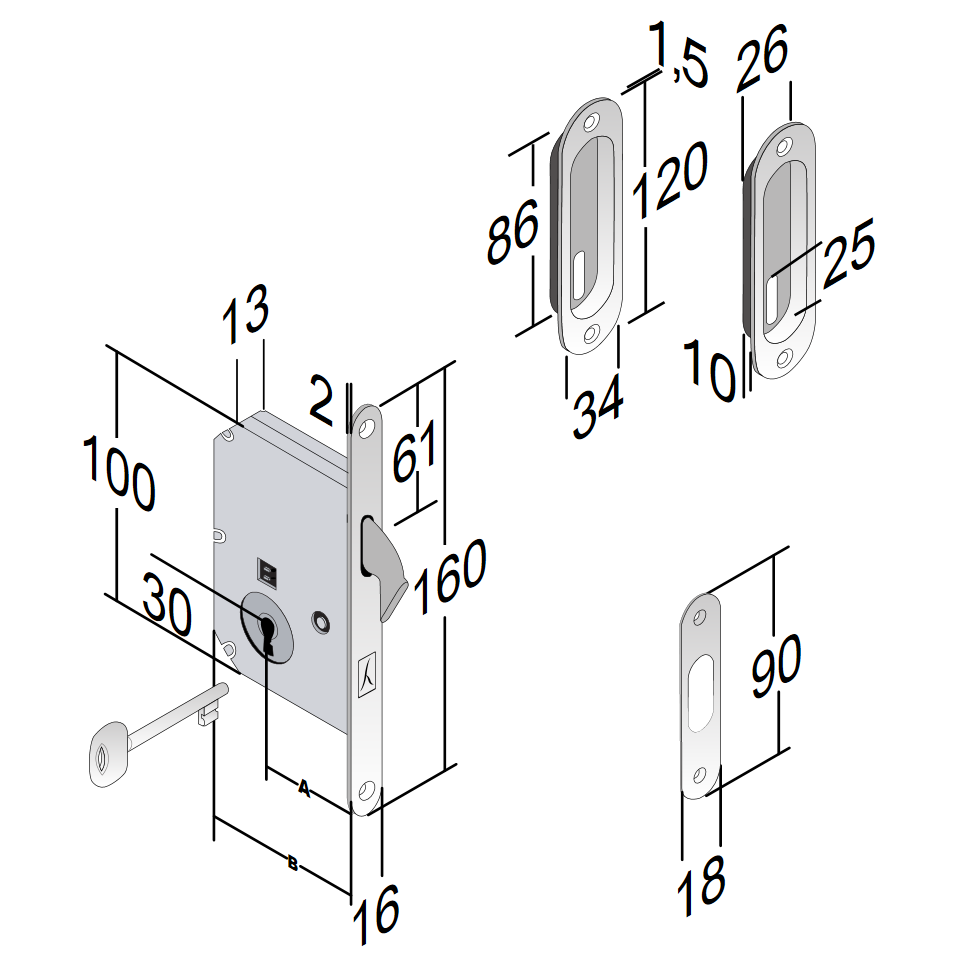 BONAITI - Kit Maniglia Da Incasso GANCIO ovale con serratura e50 foro patent e maniglietta di trascinamento - mat. OTTONE - col. OTTONE  CROMATO SATINATO - entrata 30 - dim. 34 X 120