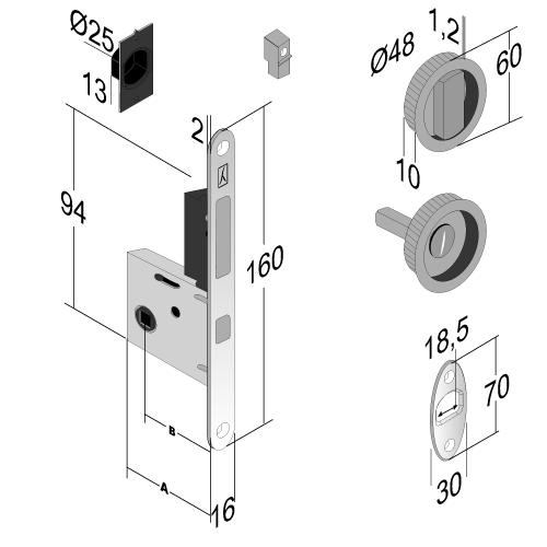 BONAITI - Kit Maniglia Da Incasso KIT EASY TONDO tonda con serratura e50 chiavistello intaglio e maniglietta di trascinamento - mat. ACCIAIO - col. BIANCO OPACO - entrata 50 - dim. Ø 60