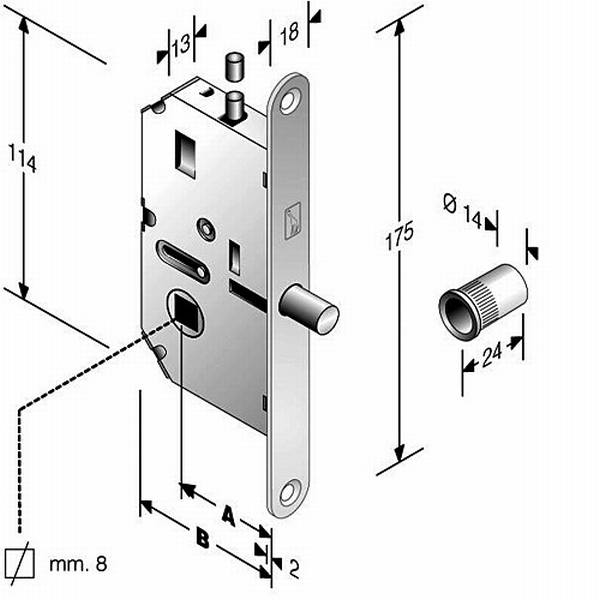 BONAITI -  Serratura ART 612-50 patent bordo tondo con chiusura a 2 punti catenaccio e superiore per wc - col. OTTONE CROMATO LUCIDO - entrata 50 - frontale 18 X 175