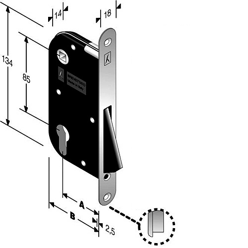 BONAITI -  Serratura B-ONE magnetica bordo tondo con scrocco foro yale per cilindro - col. CROMATO SATINATO - entrata 50 - frontale 18 X 190 - interasse 85