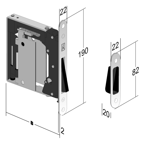 BONAITI -  Serratura B-NO HA magnetica bordo tondo con scrocco e contropiastra regolabile - col. OTTONE  CROMATO SATINATO - entrata 50 - frontale 22 X 190