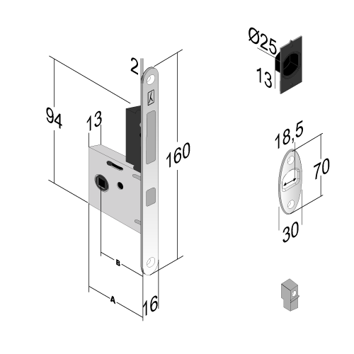 BONAITI -  Serratura G500T per porta scorrevole con scrocco catenaccio e maniglia di trascinamento incorporata - col. CROMATO SATINATO - entrata 50 - frontale 16 X 160