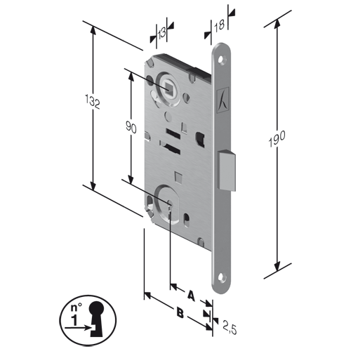 BONAITI -  Serratura B-BITTER patent bordo tondo con scrocco centrale e con chiave - col. CROMATO OPACO - entrata 50 - frontale 18 X 190 - interasse 90