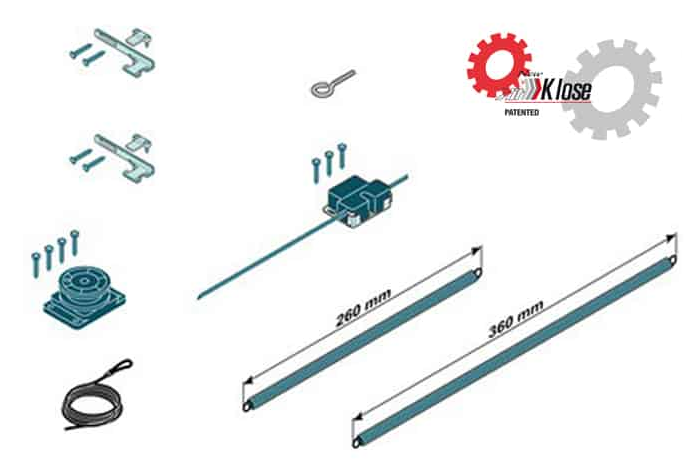 Kit KLOSE anta esterna accessori sistema scorrevole per porte - note CHIUSURA AUTOMATICA PORTE SCORREVOLI - dimensioni UNIVERSALE  PORTATA MAX 80 KG, AUTOCHIUSURA PER PORTE ESTERNO MURO